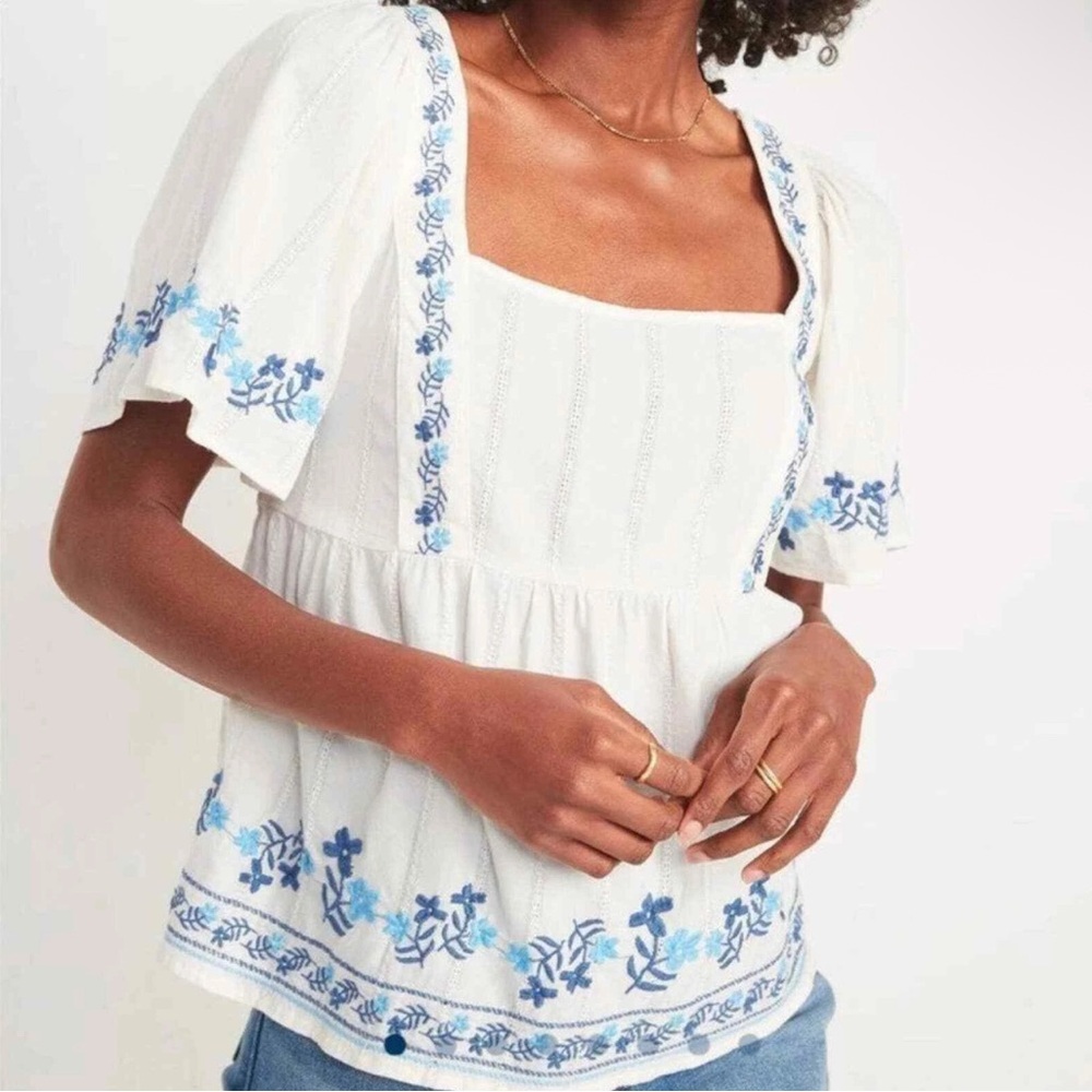 Old Navy Square Neck Flutter Sleeve Embroidered Babydoll Boho Top Blouse 2X